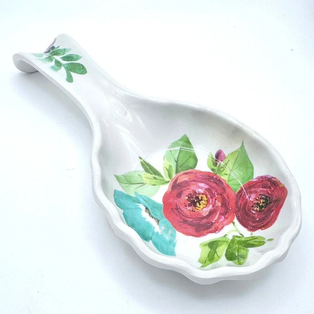 Pioneer Woman Melamine Spoon Rest Floral Rose White Scalloped Cottagecore‎ Retro